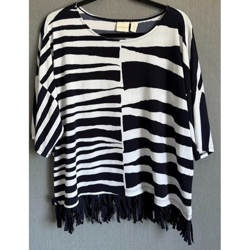 Chico's Blouse Top Women 2 Large Blue‎ striped Fringe Hem Stretch Dolman Sleeve